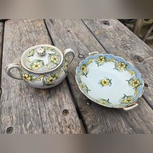 Antique Hand Painted Nippon Floral Porcelain Sugar Bowl and Dish Set
